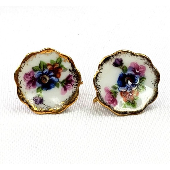 Limoges France Jewelry - VTG Limoges France Porcelain Screw-Back Earrings Hand Painted Gilt Floral Design